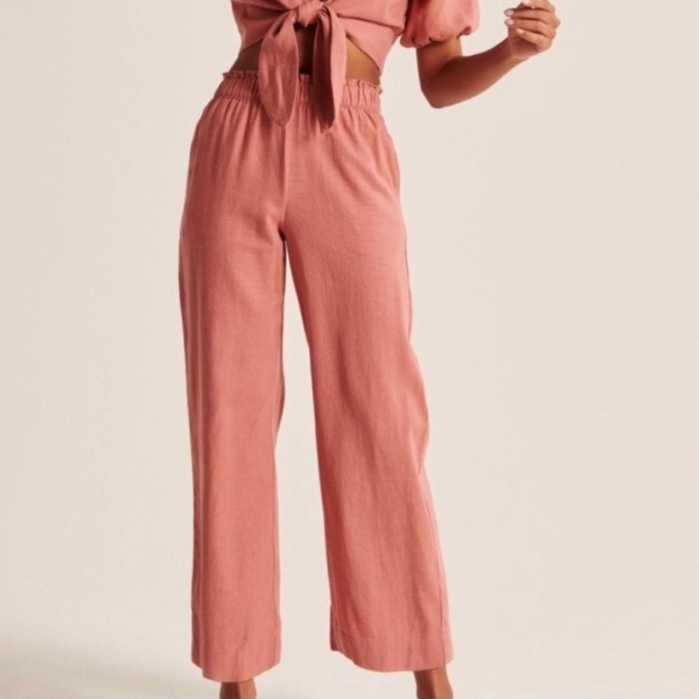 Abercrombie & Fitch High Rise Elastic Waist Linen Wide Leg Crop Pant Coral Large